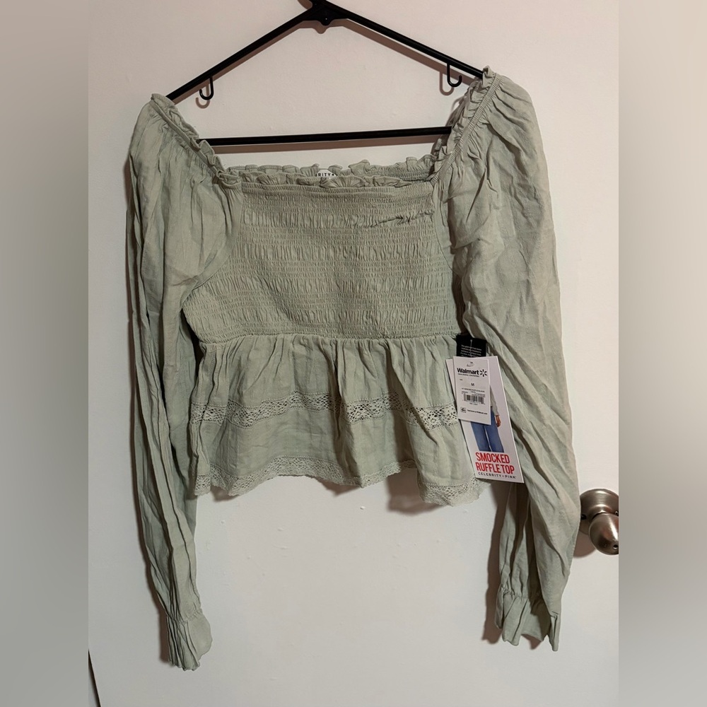 NWT Celebrity Pink Green Smocked Ruffle Top size M
